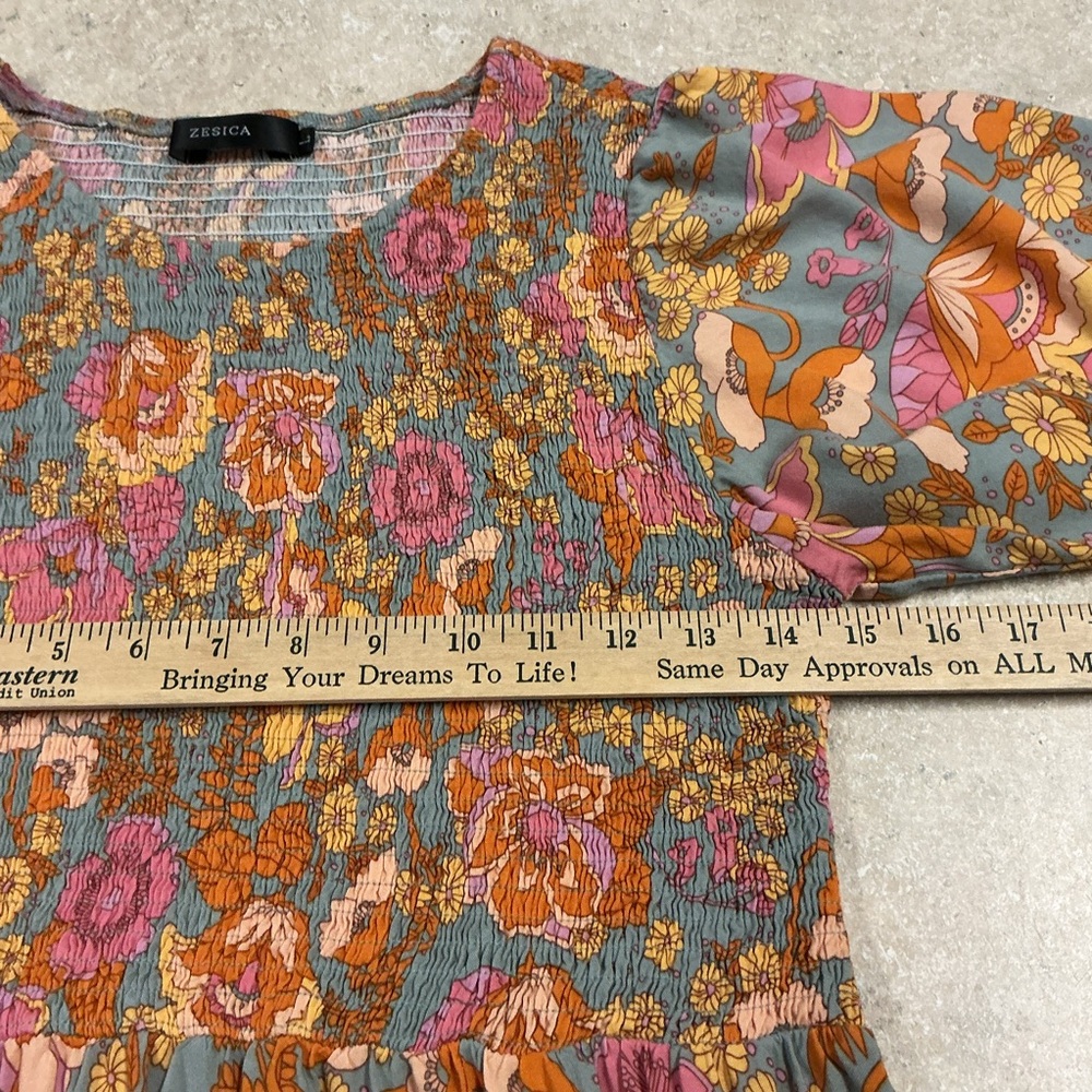 Zesica SZ L 70’s Retro Floral Smocked Bodice Maxi Dress Boho Bohemian Flutter - Picture 5 of 7
